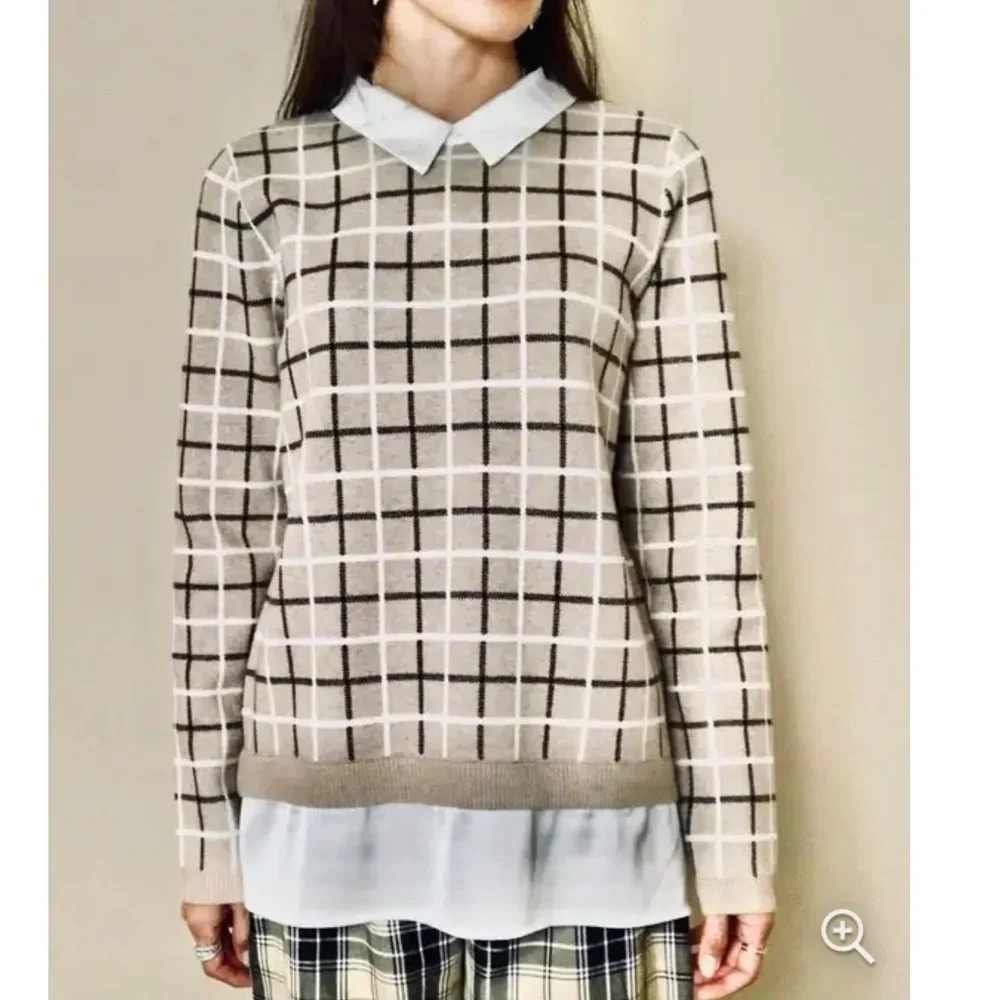 Tahari Beige Plaid Sweater With Layered Collared Undershirt Academia Preppy XS